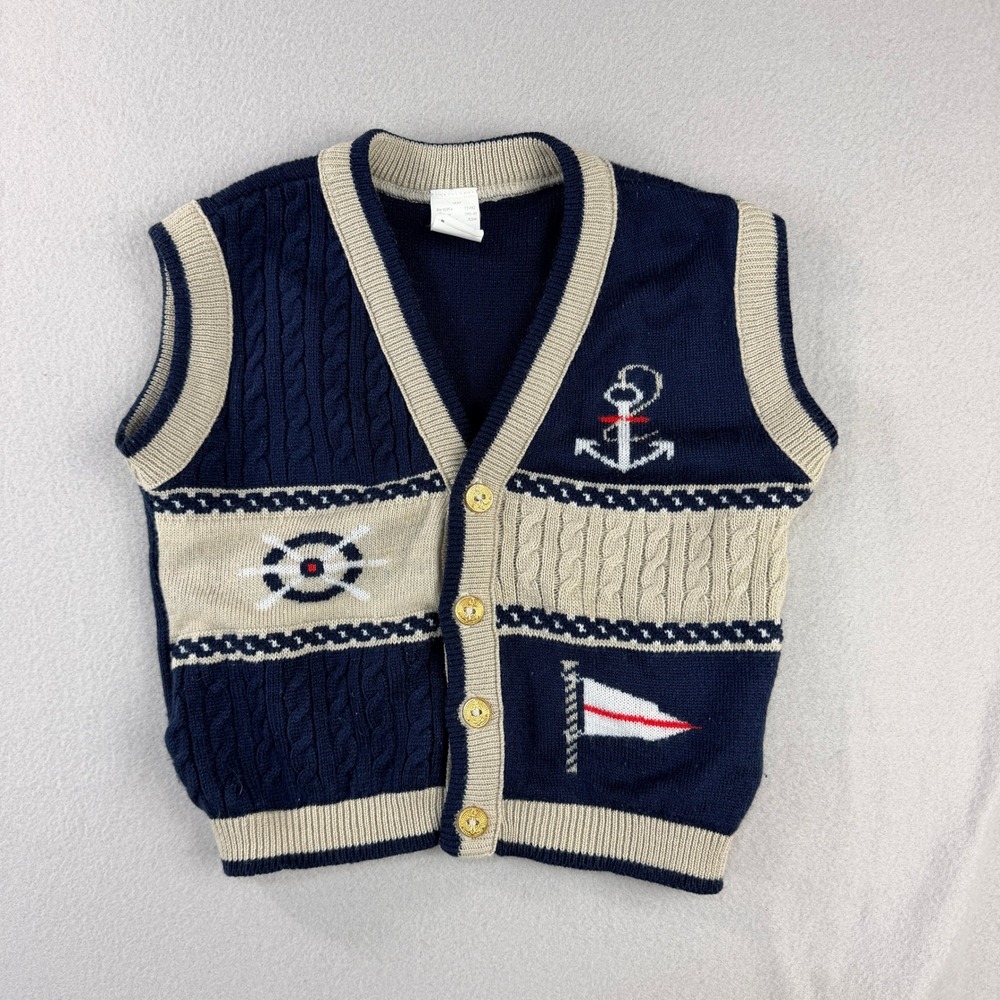 Vintage Nautical Navy Blue Cable Knit Sweater Vest Toddler Size 4 Anchor Wheel